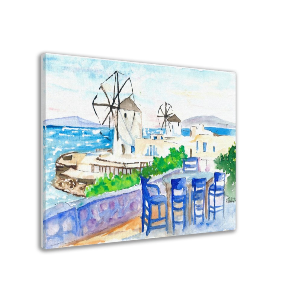 Whimsical Mykonos: A Serene Seaside View with Windmills, Azure Chairs - Limited Edition Fine Art Print - Original Painting available