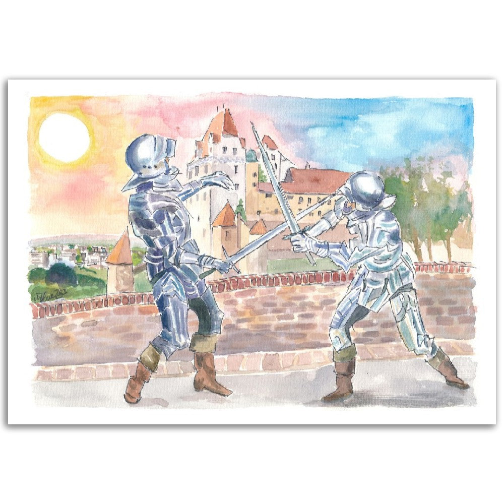 Landshut Knight Sword Fight with Medieval Trausnitz Castle at Sunset - Limited Edition Fine Art Print - Original Painting