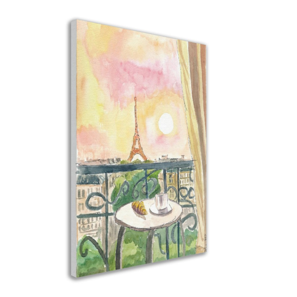 Paris France Balcony View with Croissant and Coffee - Limited Edition Fine Art Print - Original Painting available