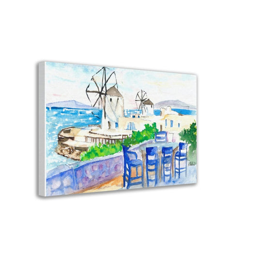 Whimsical Mykonos: A Serene Seaside View with Windmills, Azure Chairs - Limited Edition Fine Art Print - Original Painting available