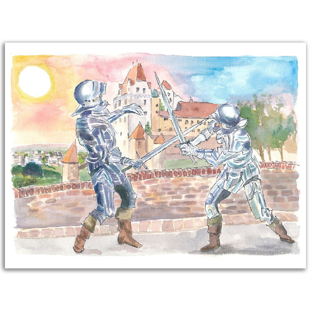 Landshut Knight Sword Fight with Medieval Trausnitz Castle at Sunset - Limited Edition Fine Art Print - Original Painting