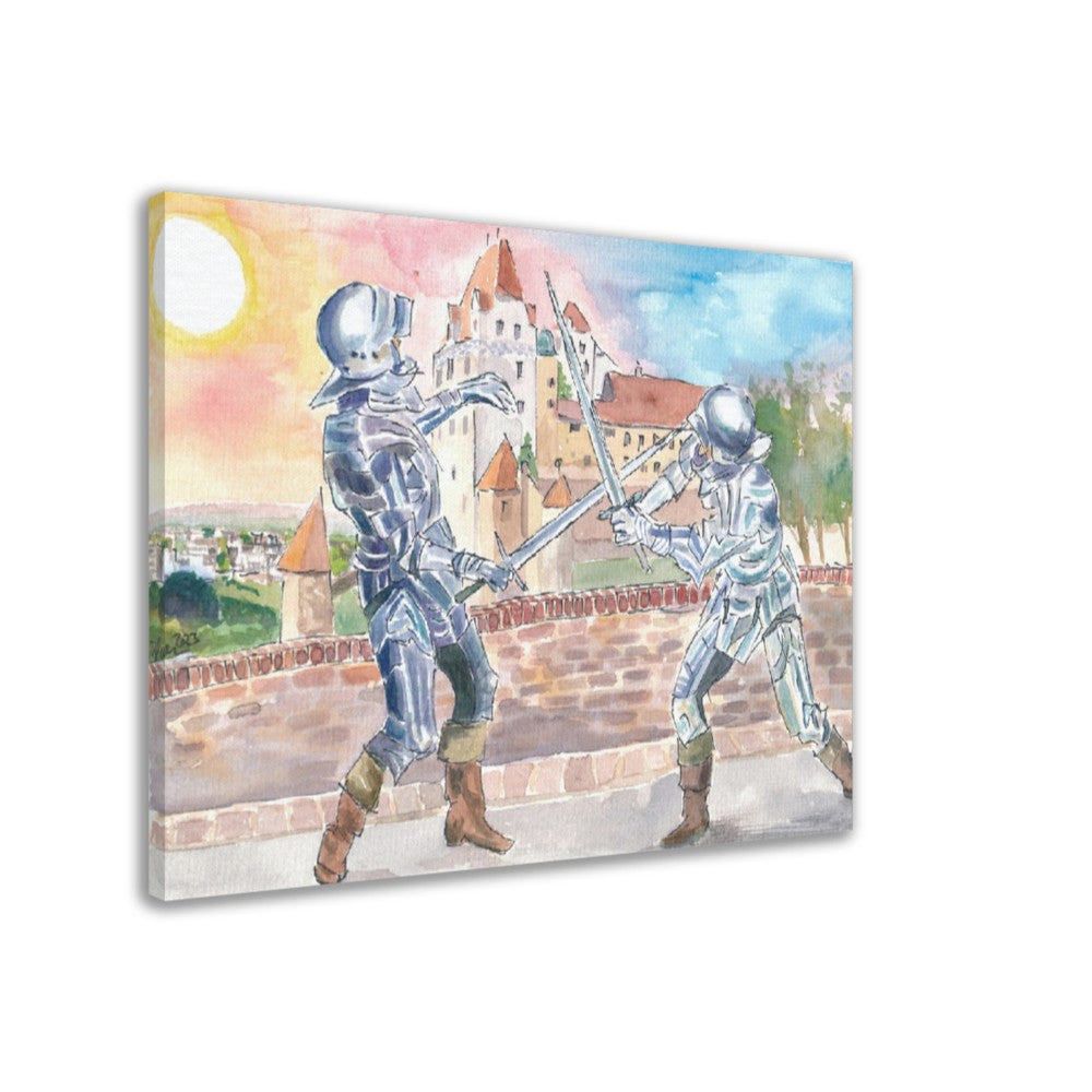 Landshut Knight Sword Fight with Medieval Trausnitz Castle at Sunset - Limited Edition Fine Art Print - Original Painting