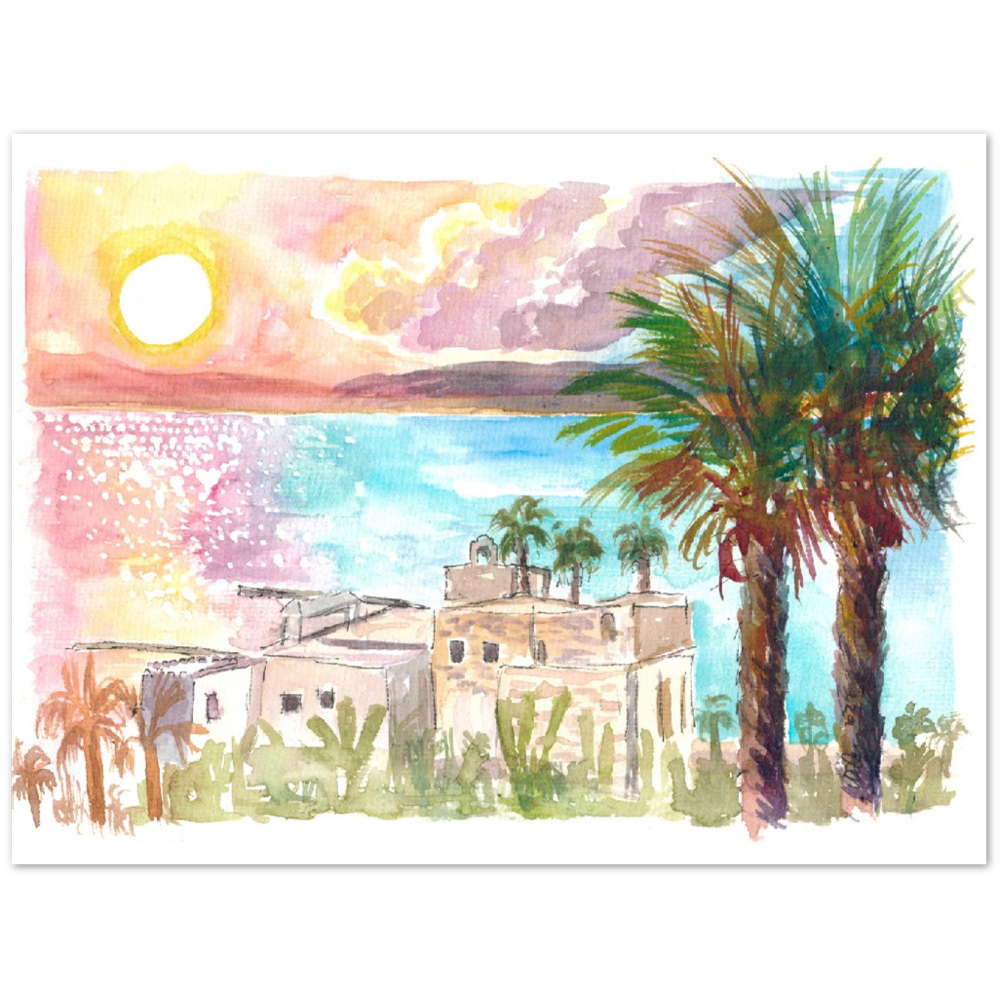 Sea of Galilee Sunset Dreams with Palms - Limited Edition Fine Art Print - Original Painting available