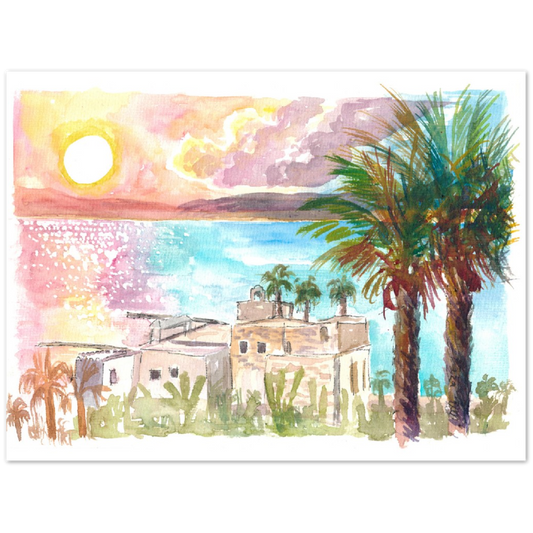 Sea of Galilee Sunset Dreams with Palms - Limited Edition Fine Art Print - Original Painting available