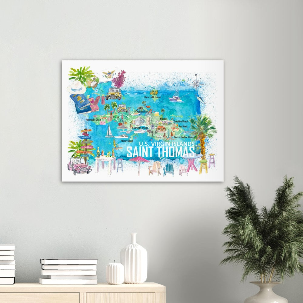 Saint Thomas USVI Illustrated Travel Map with Roads and Tourist Highlights