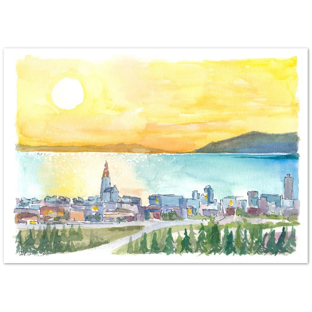Amazing View of Reykjavik Iceland with Hallgrimskirkja Church and Sea during Sunset - Limited Edition Fine Art Print
