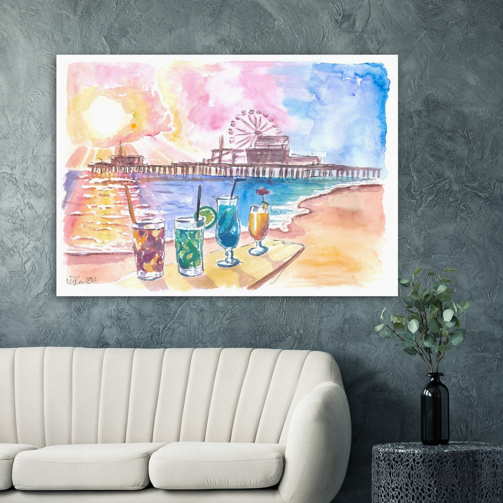 Sunset Fruit Cocktails with Santa Monica Pier at the Beach - Limited Edition Fine Art Print - Original Painting available