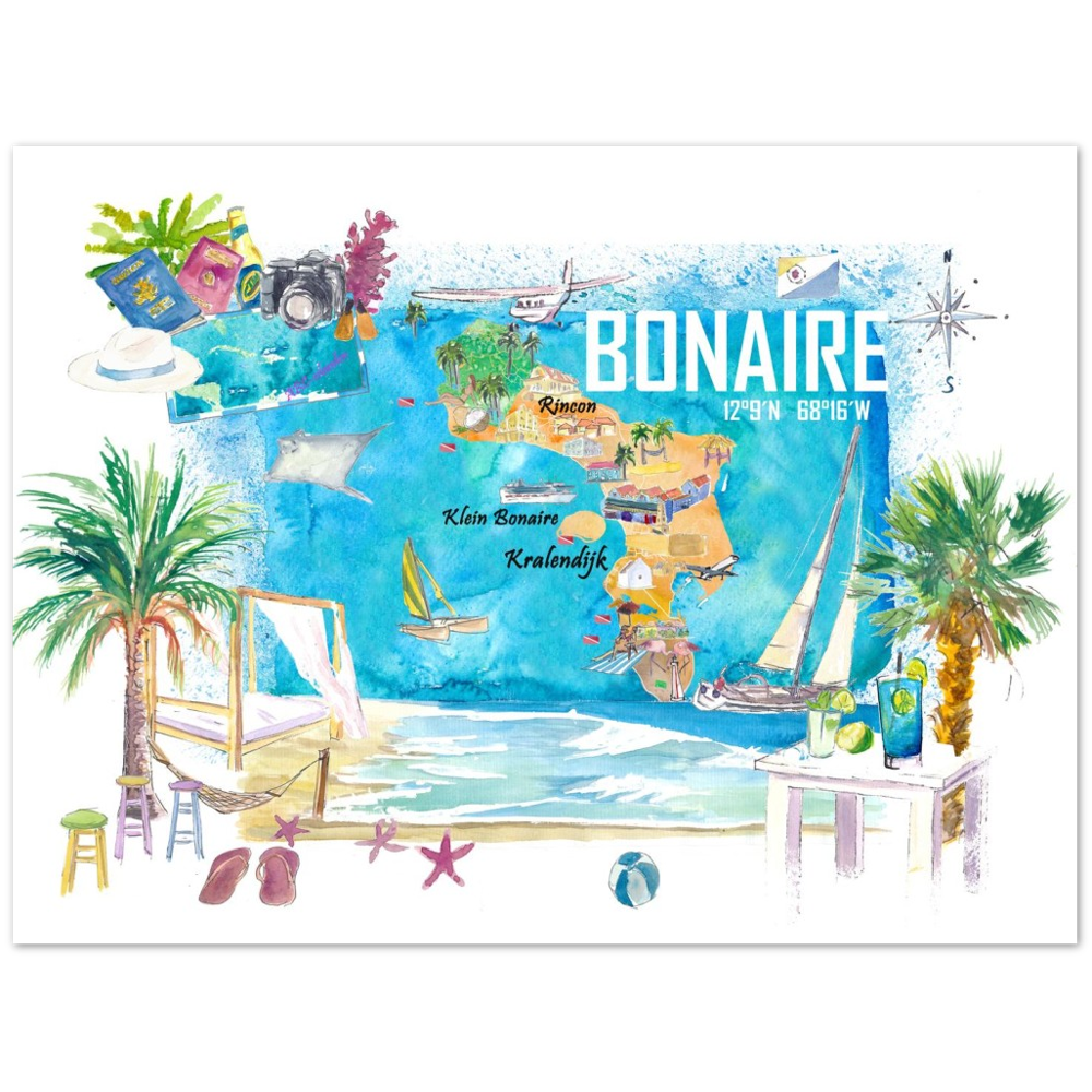 Bonaire Dutch Antilles Caribbean Island Illustrated Travel Map with Tourist Highlights