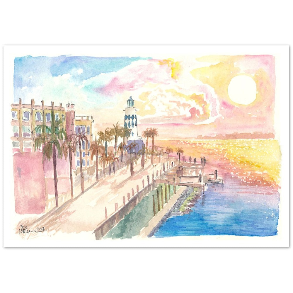 Marvellous Destin Florida Harborwalk View with Lighthouse and Sunset - Limited Edition Fine Art Print - Original Painting available