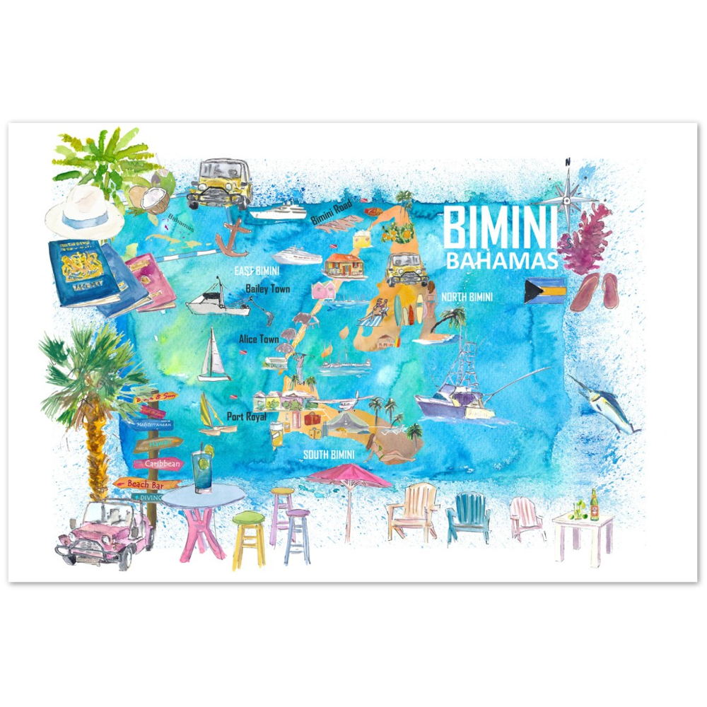 Bimini Bahamas Illustrated Map with Island Tourist Highlights - Fine Art Print