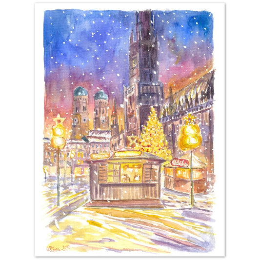 Snowy Munich Winter Scene - Romantic Marienplatz XMAS Market - Limited Edition Fine Art Print - Original Painting available