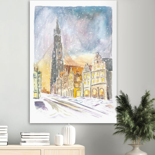 Landshut Altstadt Snowy Winter Scene with Saint Martin Basilica - Limited Edition Fine Art Print