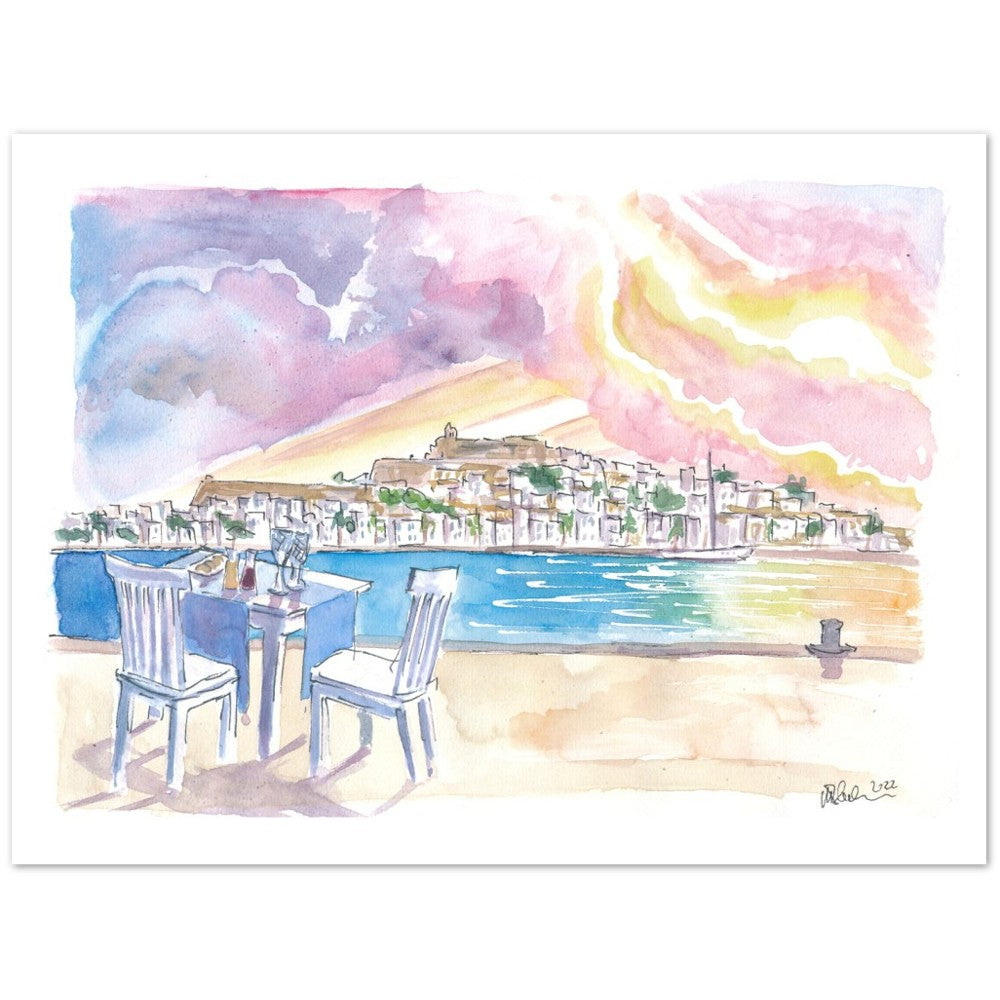 Sundowner with Gorgeous View of Eivissa Ibiza Old Town and Castle - Limited Edition Fine Art Print - Original Painting available