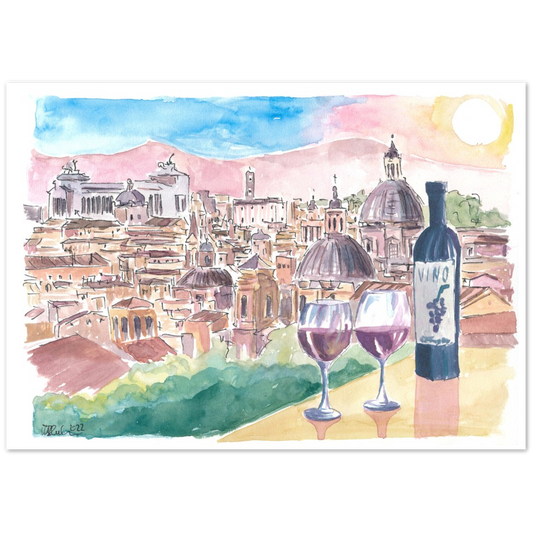 Romantic Vino in Roma Italy with Panoramic View from Hill - Limited Edition Fine Art Print - Original Painting available