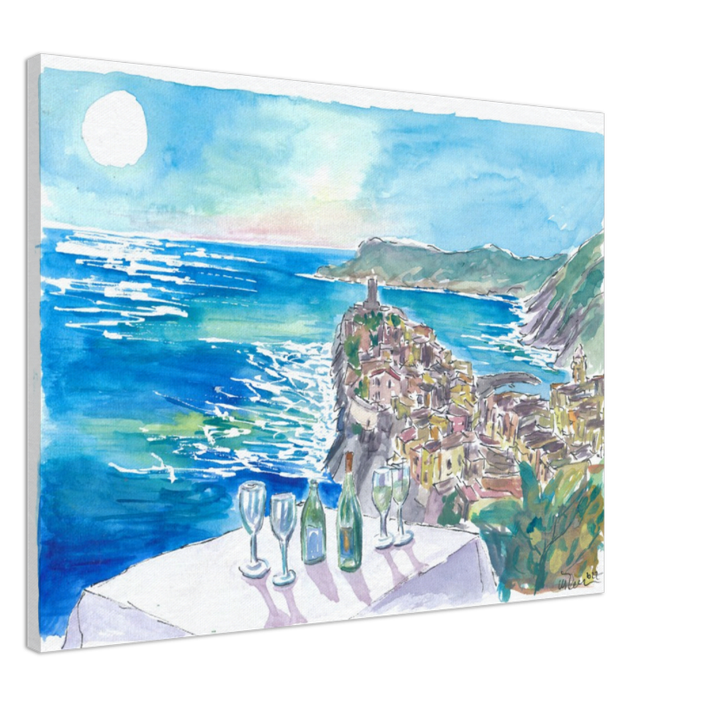 Mediterranean View from Restaurant with Wine and Vernazza Cinque Terre - Limited Edition Fine Art Print - Original Painting available