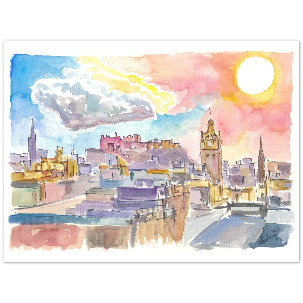 Edinburgh Cityscape in Winter with late Afternoon Sun - Limited Edition Fine Art Print - Original Painting available
