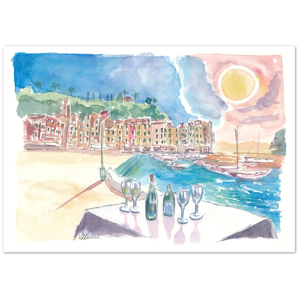 Table for Amore in Portofino with View of Port and Sea - Limited Edition Fine Art Print - Original Painting available