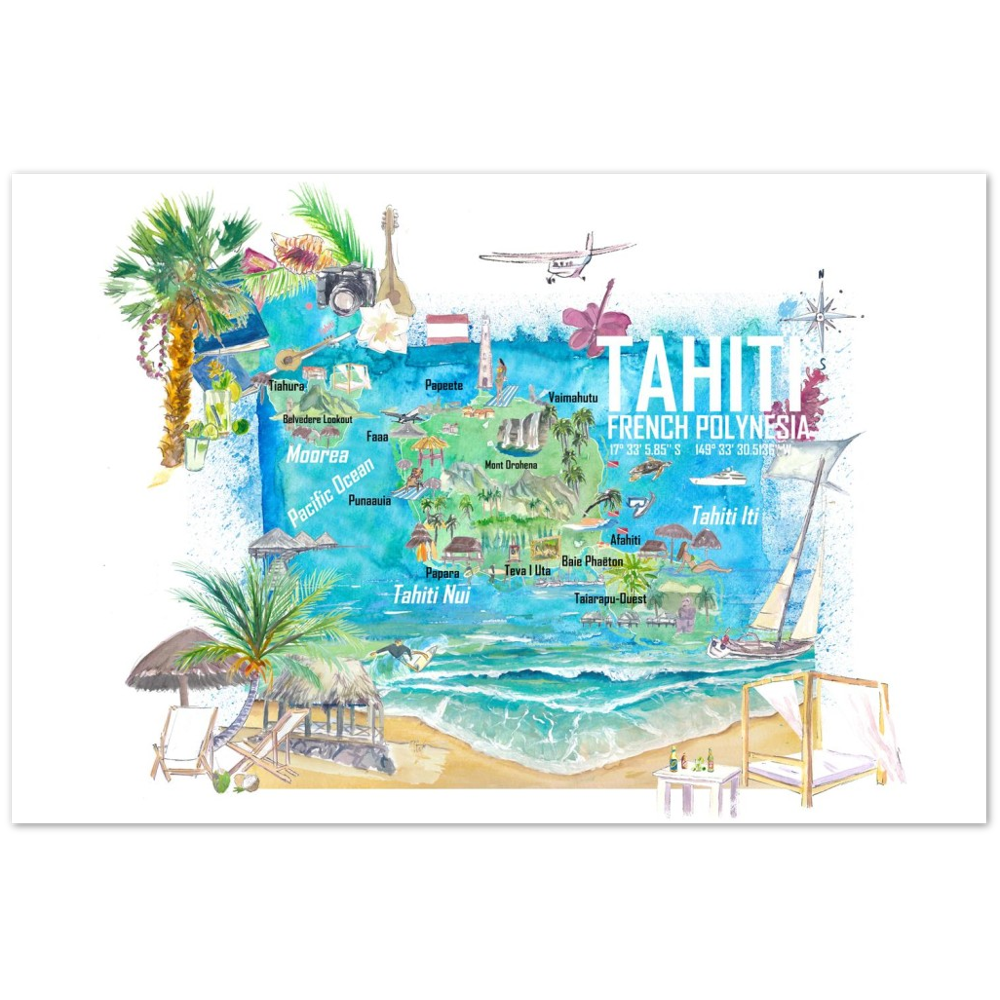 Tahiti Illustrated Travel Map with Roads and Highlights Fine Art Print