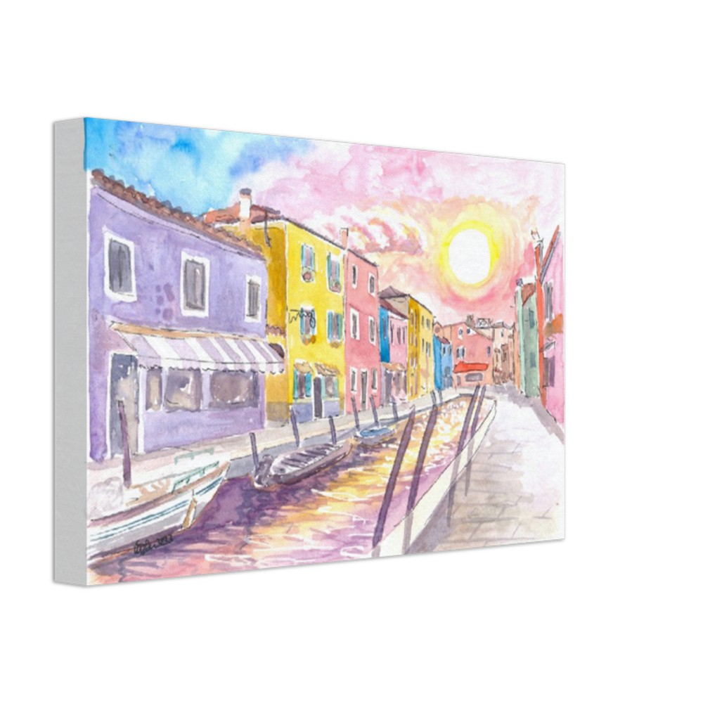 Colorful Burano Canal with Shops and Sun Reflections on Canal - Limited Edition Fine Art Print - Original Painting available