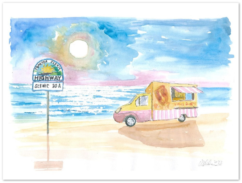 Food Truck on a Beach on 30A Florida Panhandle - Limited Edition Fine Art Print - Original Painting available
