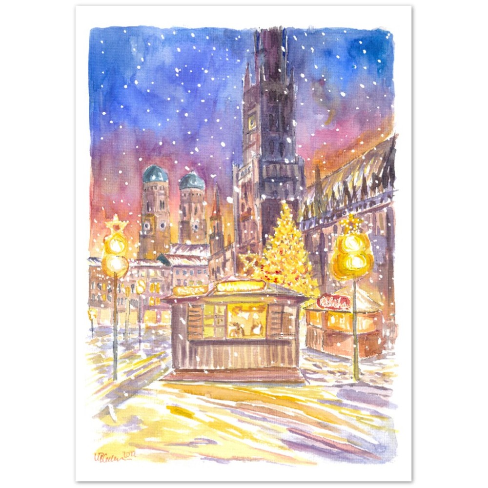 Snowy Munich Winter Scene - Romantic Marienplatz XMAS Market - Limited Edition Fine Art Print - Original Painting available
