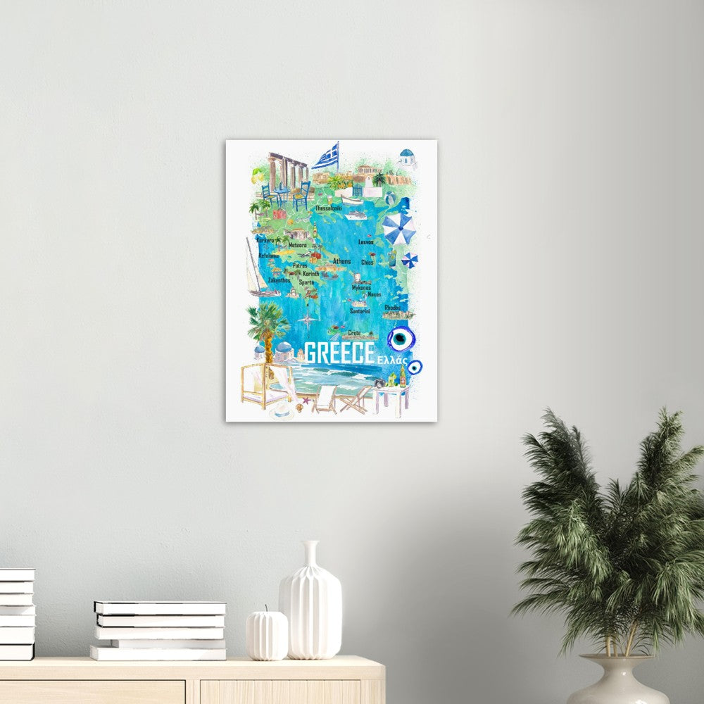 Greece Illustrated Travel Map in Mediterranean Aegean Adriatic Seas with Roads and Tourist Highlights