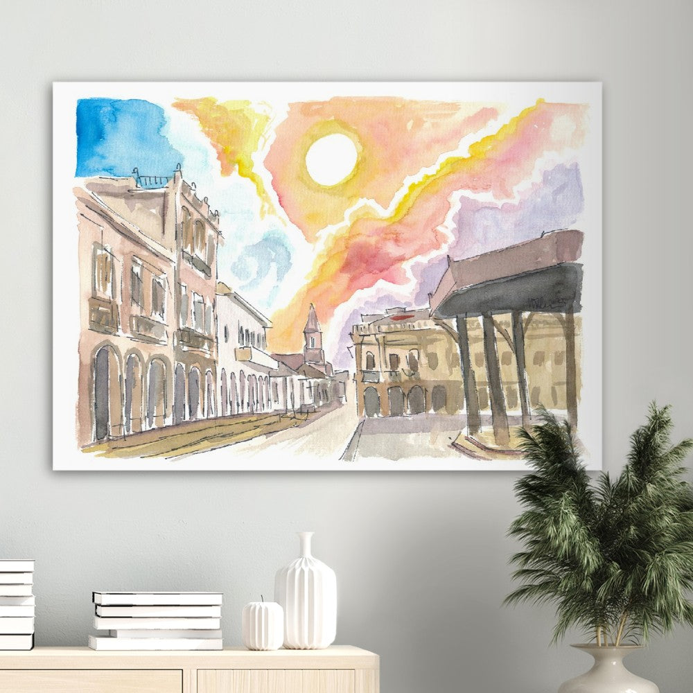 Cuenca Ecuador Historic Street Scene with Sun - Limited Edition Fine Art Print - Original Painting available