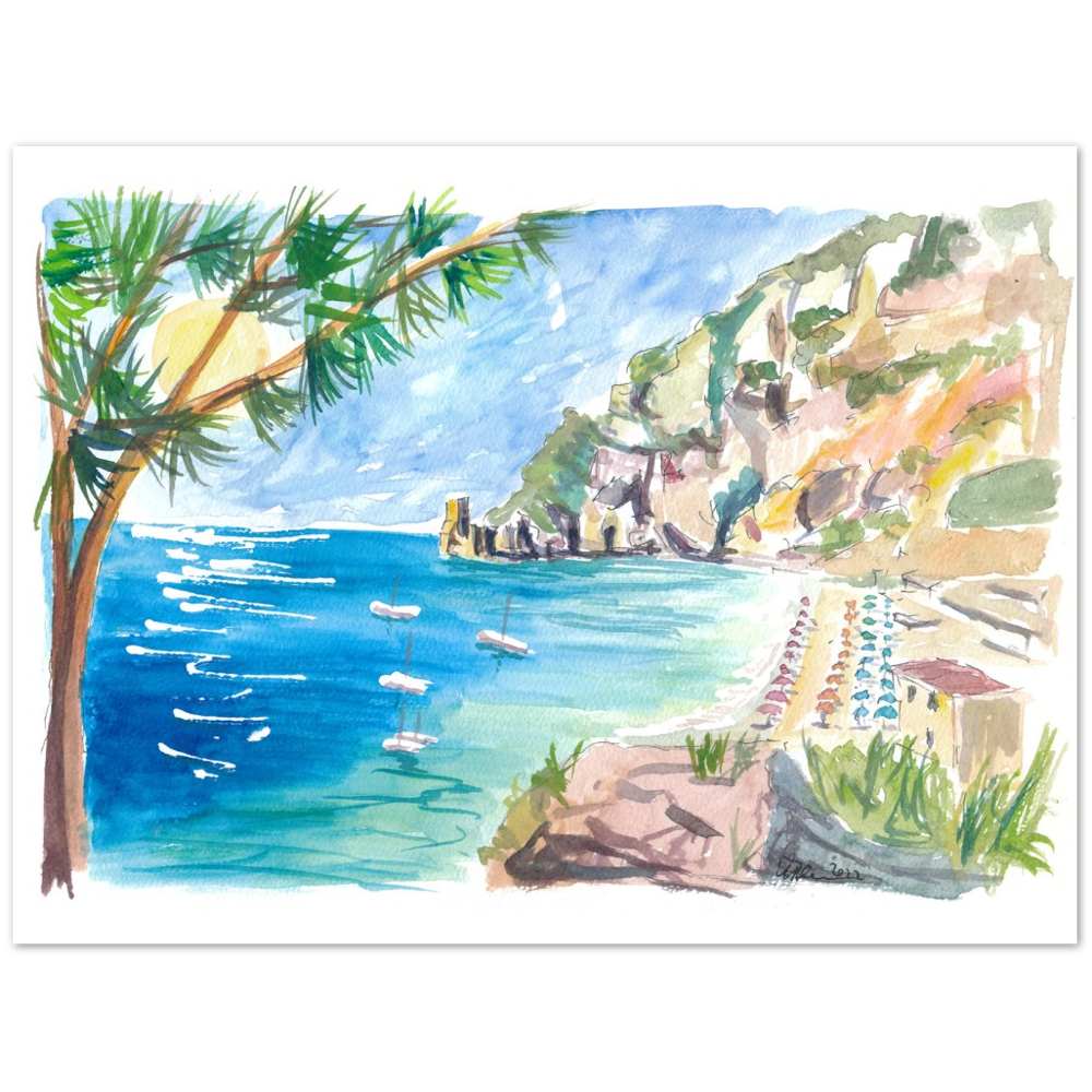 Cetara Amalfi Coast Zen with Turquoise Sea and Boats - Limited Edition Fine Art Print - Original Painting available