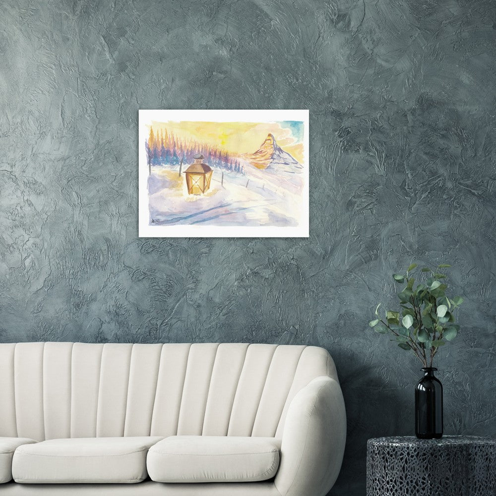 Swiss Alpine Winter Dreams with Matterhorn Mountain and Lantern in Snow - Limited Edition Fine Art Print - Original Painting available