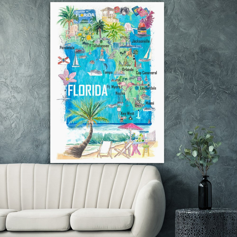 Florida USA Illustrated State Map with Roads and Tourist Highlights