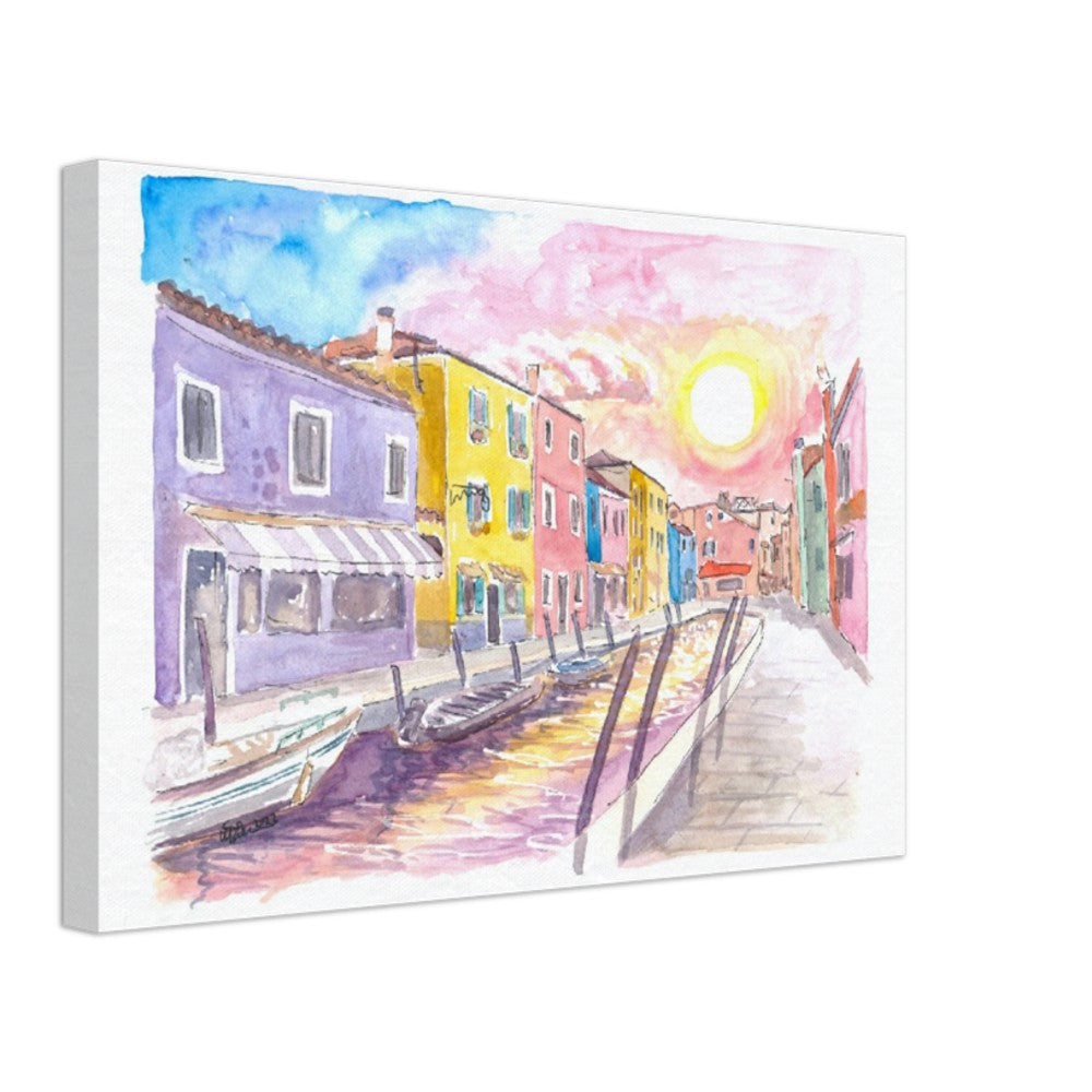 Colorful Burano Canal with Shops and Sun Reflections on Canal - Limited Edition Fine Art Print - Original Painting available