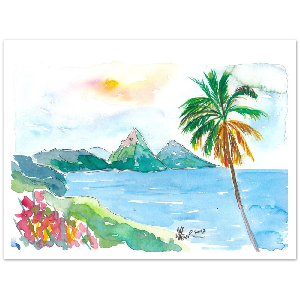 St Lucia Caribbean Dreams With Sunset and Pitons Peaks Painting & Limited Edition Fine Art Print