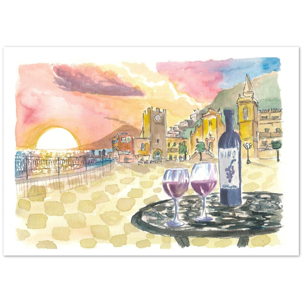 Gorgeous Taormina Sunset with Etna Vulcano View and Wonderful Piazza IX Aprile-Limited Edition Fine Art Print - Original Painting available