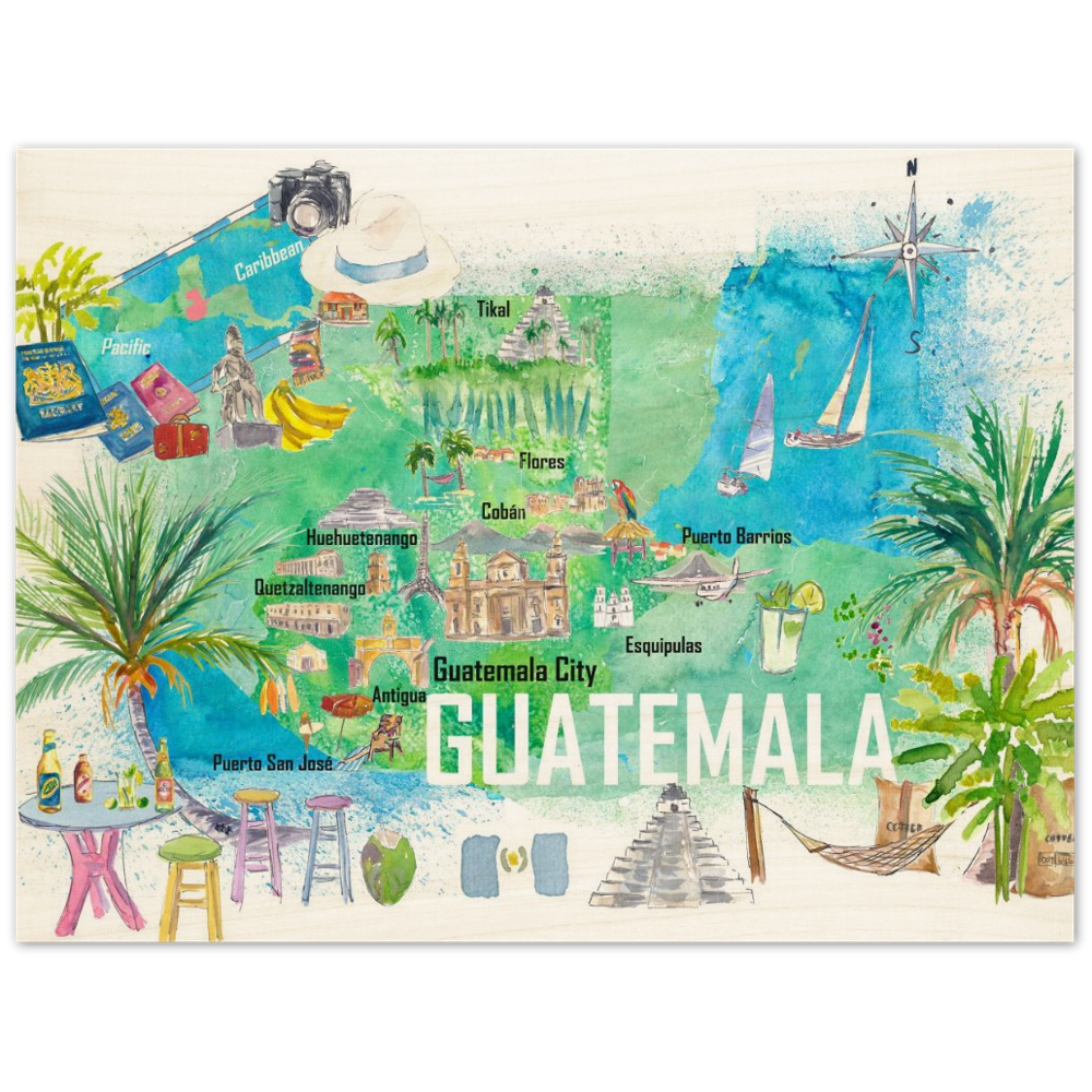 Guatemala Illustrated Travel Map with Roads and Highlights
