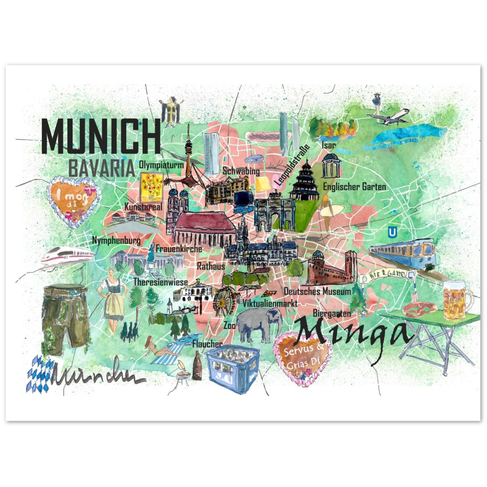 Munich Bavaria Germany Illustrated Travel Map with Roads and Tourist Highlights