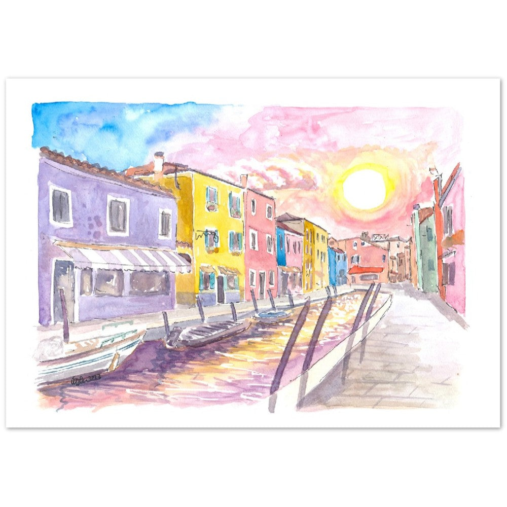 Colorful Burano Canal with Shops and Sun Reflections on Canal - Limited Edition Fine Art Print - Original Painting available