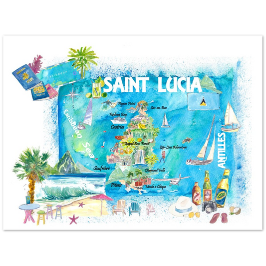 Saint Lucia West Indies Illustrated Map with Antilles Tourist Highlights 2nd Edition