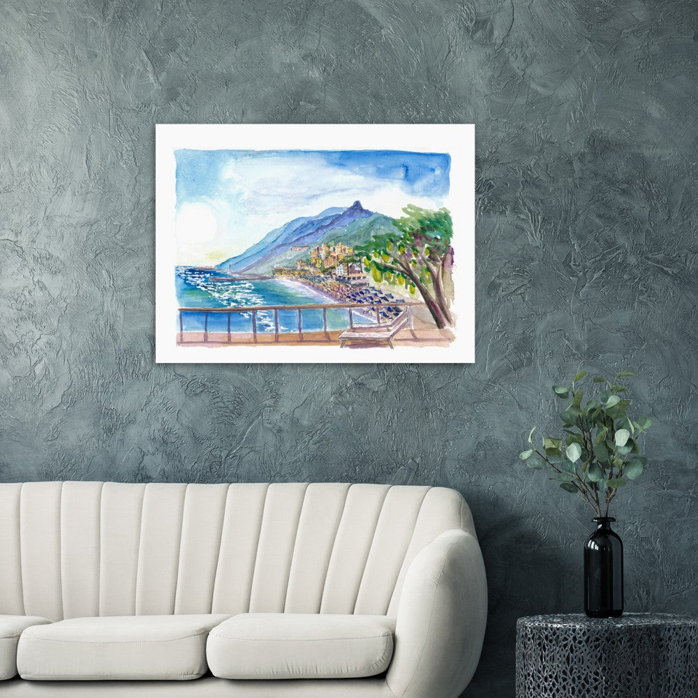 Amalfi Coast Gorgeous Terrace View with Lemons, Coast and Houses - Limited Edition Fine Art Print - Original Painting available
