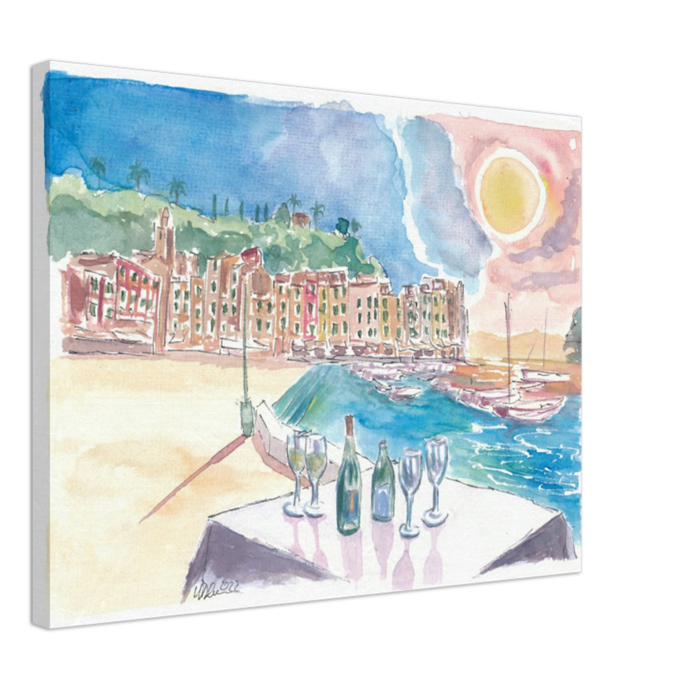 Table for Amore in Portofino with View of Port and Sea - Limited Edition Fine Art Print - Original Painting available