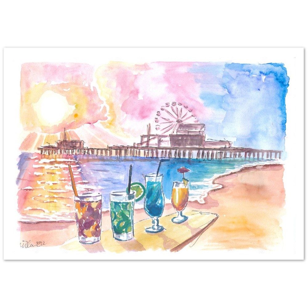 Sunset Fruit Cocktails with Santa Monica Pier at the Beach - Limited Edition Fine Art Print - Original Painting available