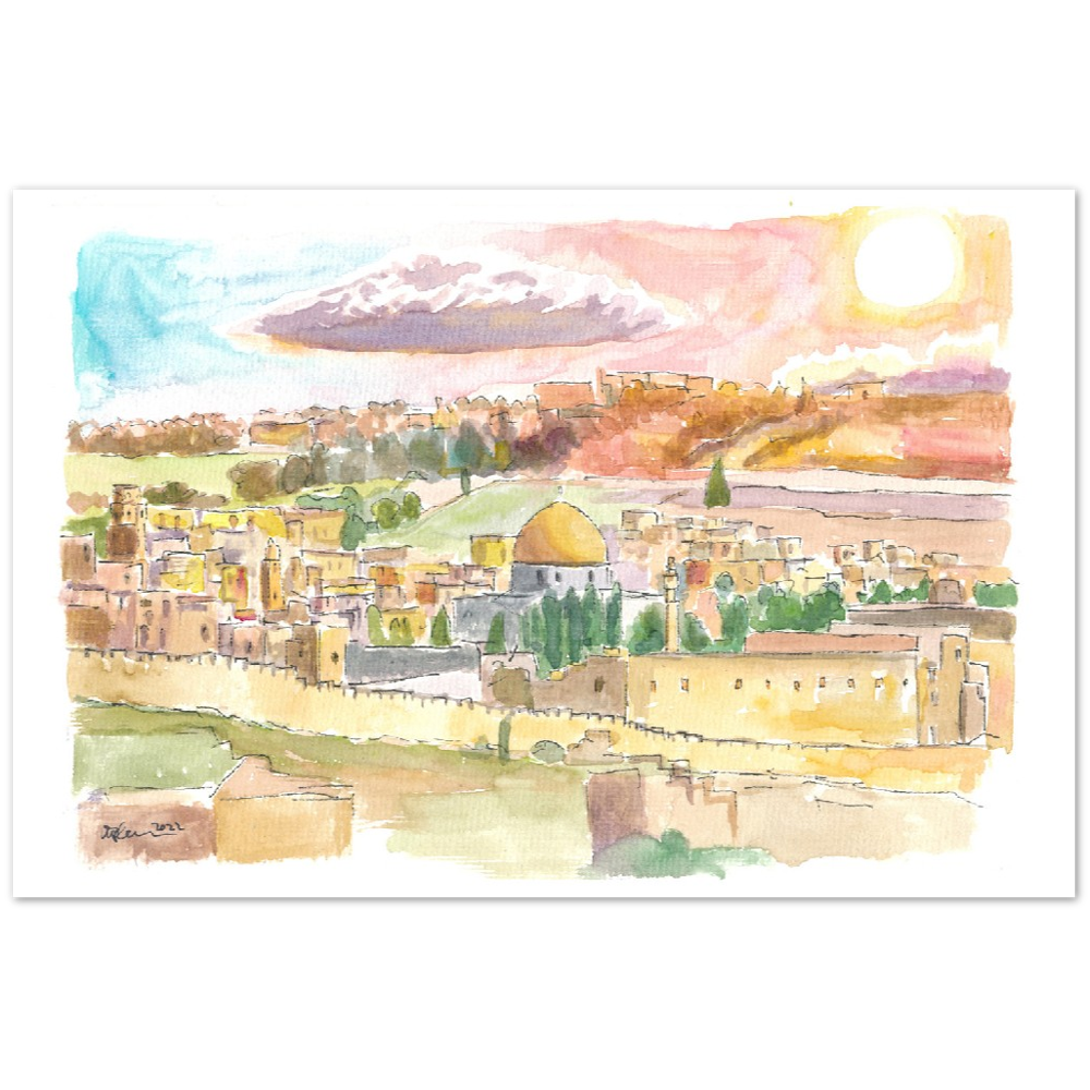 Holy City Jerusalem Cityview with Dome of Rock and Sunset - Limited Edition Fine Art Print - Original Painting available