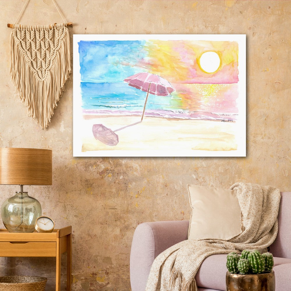 Umbrella in the Sun with Seaview Waves and Shade - Limited Edition Fine Art Print - Original Painting available