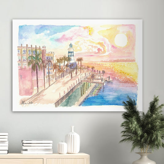 Marvellous Destin Florida Harborwalk View with Lighthouse and Sunset - Limited Edition Fine Art Print - Original Painting available