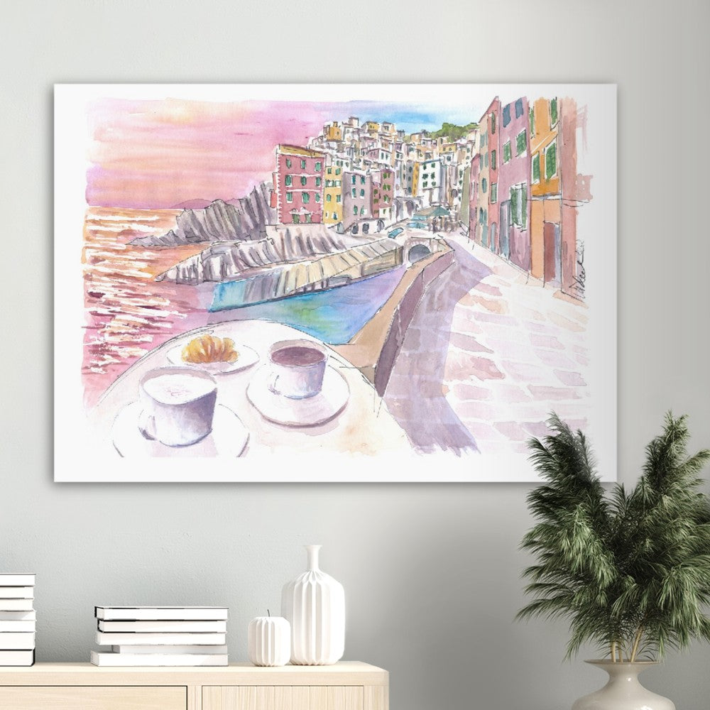 Riomaggiore Cinque Terre Relaxed Morning with Brioche and Coffee - Limited Edition Fine Art Print - Original Painting available