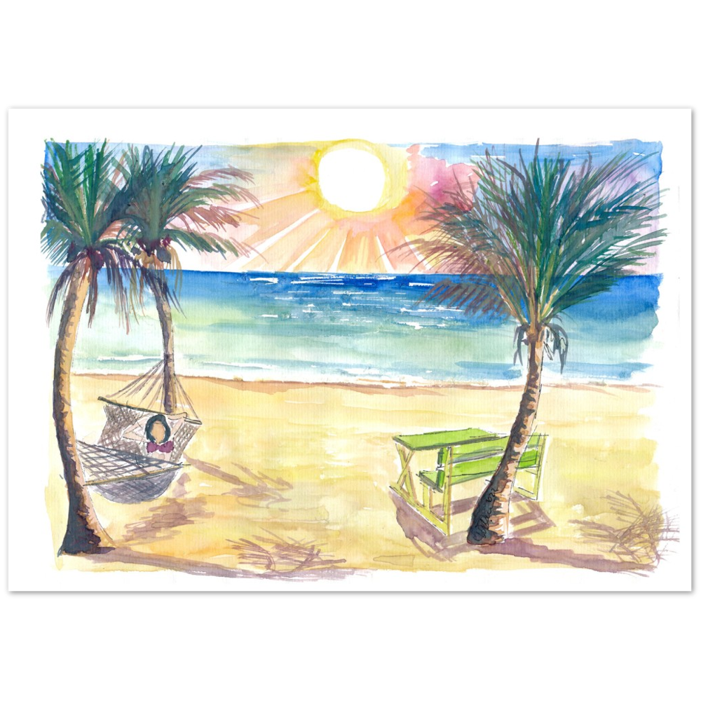 Serene Beach Perfection with Hammock Zen under Palms and Swell - Limited Edition Fine Art Print - Original Painting available
