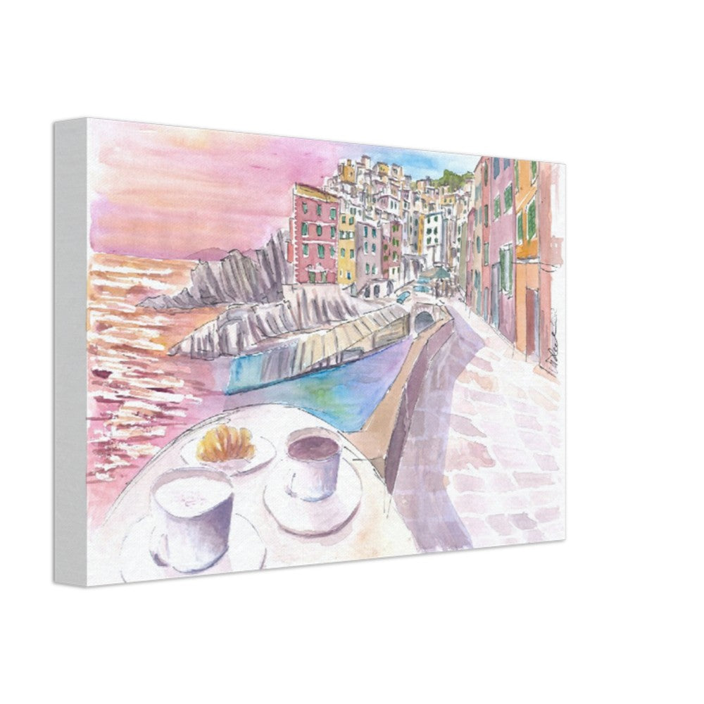 Riomaggiore Cinque Terre Relaxed Morning with Brioche and Coffee - Limited Edition Fine Art Print - Original Painting available