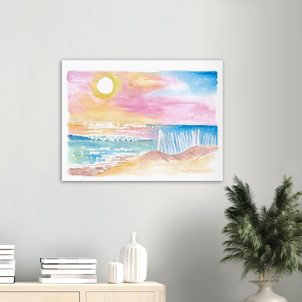 Romantic White Picket Fence on Beach with Waves and Sunset - Limited Edition Fine Art Print - Original Painting available