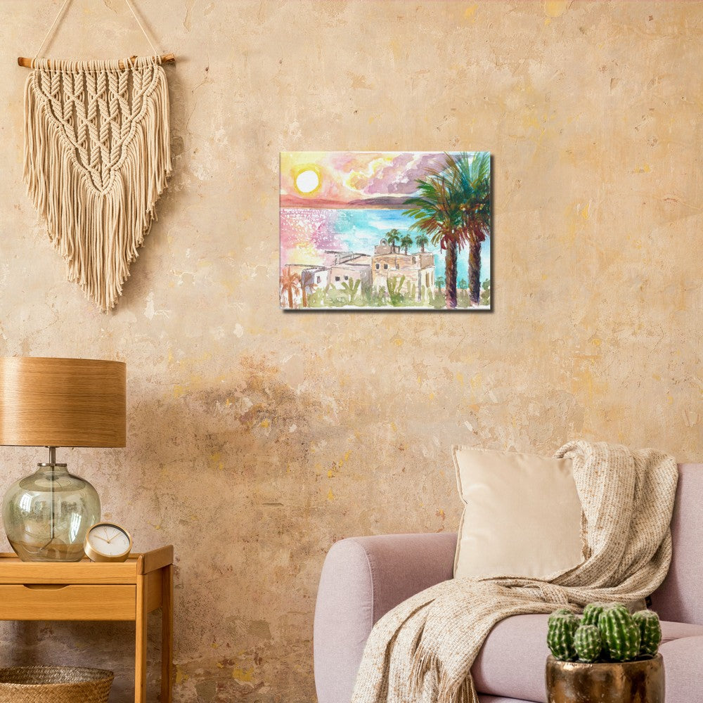 Sea of Galilee Sunset Dreams with Palms - Limited Edition Fine Art Print - Original Painting available