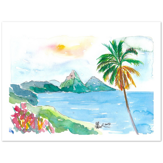 St Lucia Caribbean Dreams With Sunset and Pitons Peaks Painting & Limited Edition Fine Art Print