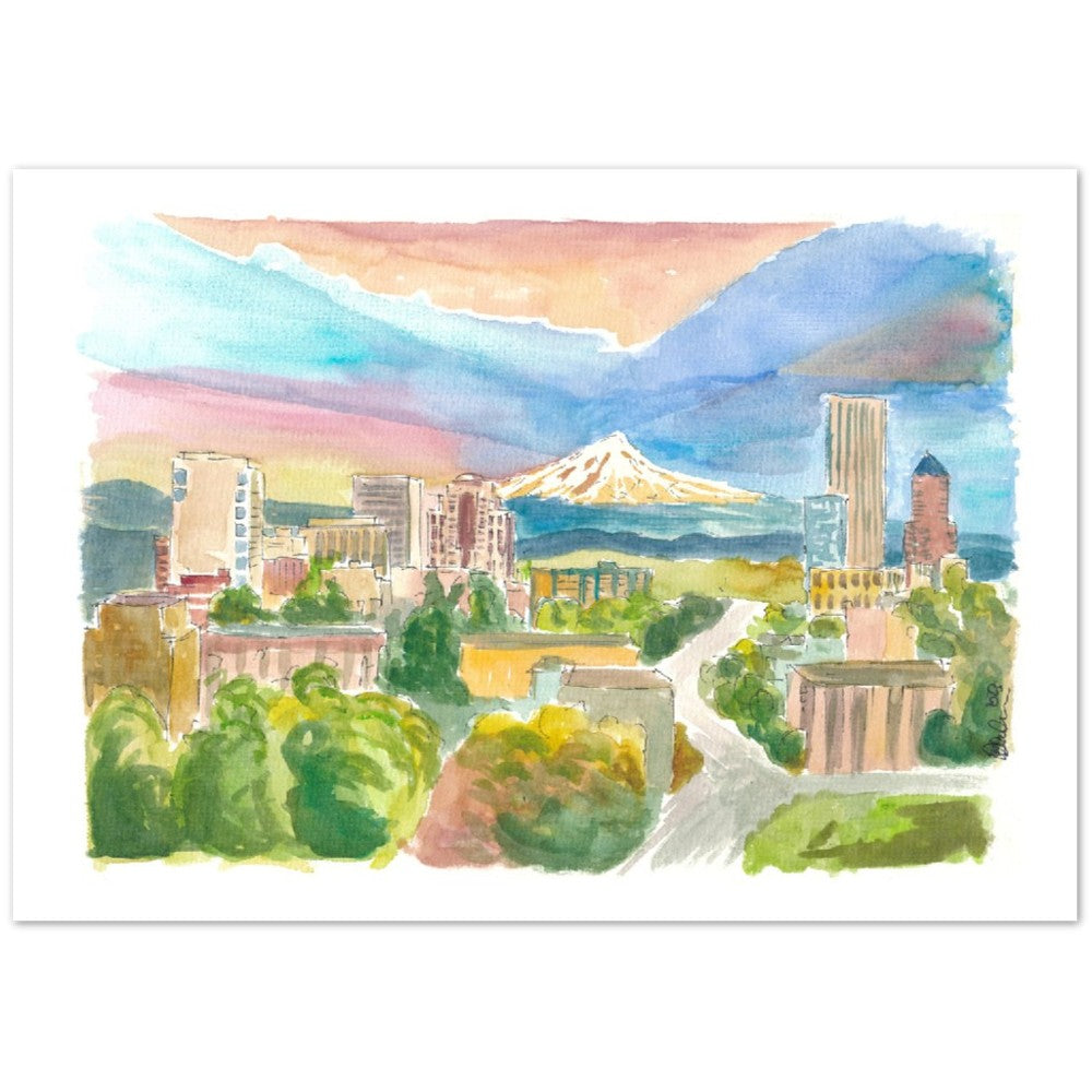 Scenic Portland Oregon with View of Mt Hood - Limited Edition Fine Art Print - Original Painting available